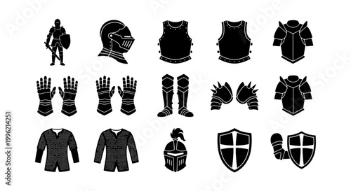 Medieval knight armor icons set, black silhouette warrior equipment collection, 15 vector elements of middle ages battle gear and protective suits