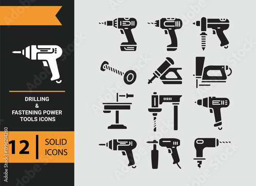 Drilling Fastening Power Tools Solid Icons for Assembly Work
