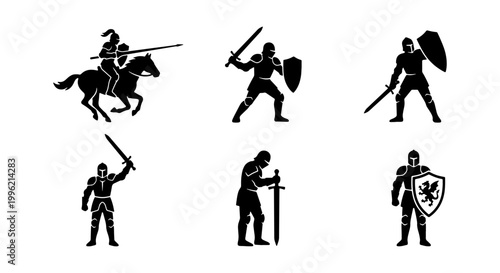 Medieval knight silhouette set, 6 warrior icons with swords and shields, armored soldiers in combat poses, historical fantasy vector collection