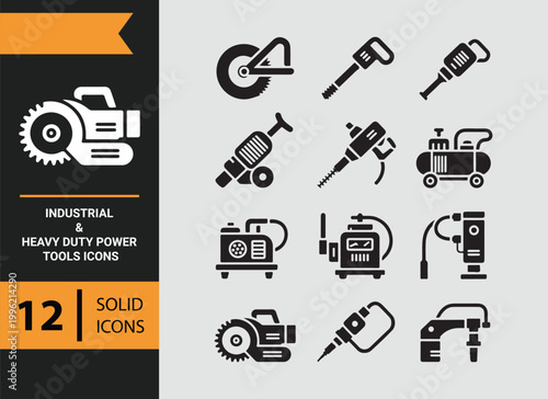 Heavy Duty Industrial Power Tools Solid Icons for Manufacturing