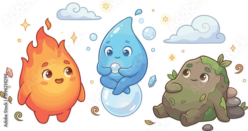 Foto Adorable kawaii vector illustration of cute personified fire water and earth elemental characters with happy faces clouds and stars perfect for nature science and environmental themes