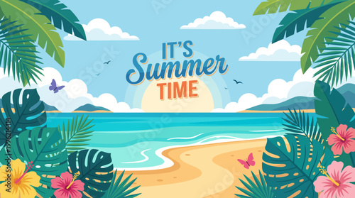 Canvastavla This sunny illustration depicts a beautiful summer beach scene filled with palm trees, vibrant flowers, and serene ocean waves, ideal for evoking summer vibes