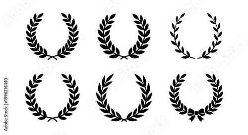 Laurel wreath vector set, black heraldic leaf circular frames, 6 elegant award and achievement symbols for certificate design and logo branding
