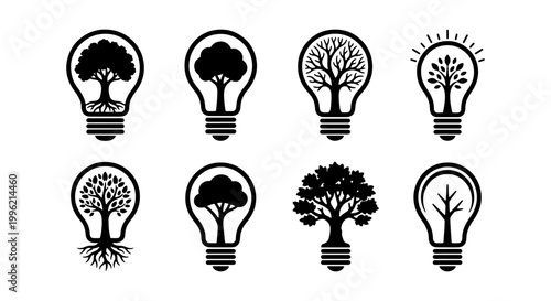 Eco friendly light bulb icons with trees, green energy concept vector set, sustainable environment lightbulb symbols for renewable power and ecology
