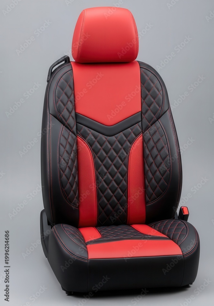 Fototapeta premium Modern automotive seat features red and black quilted leather upholstery against a neutral backdrop.