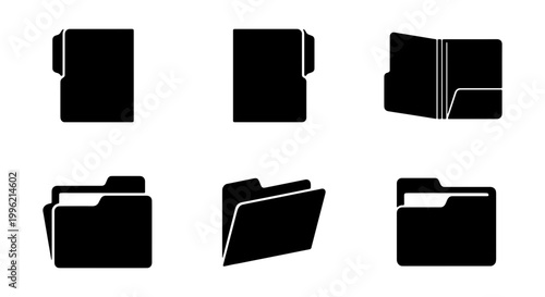 Minimalist folder icon set, black office file folder silhouettes, 6 vector document organization symbols for business data management and storage