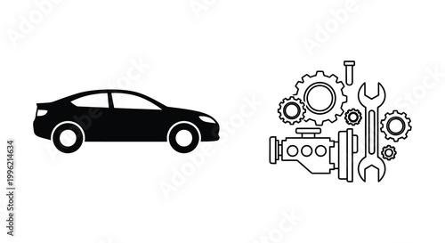 Car and engine components depicted in a stark black silhouette