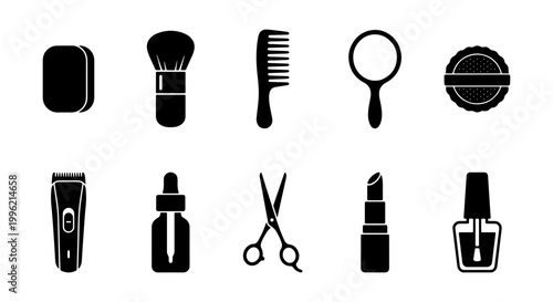Minimalist beauty and grooming icons set, 10 black silhouette cosmetics vector elements, professional salon and barber shop equipment symbols