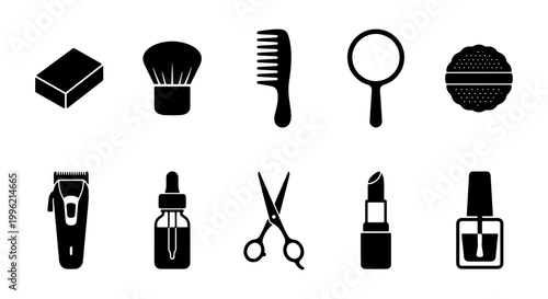 Minimalist barber shop icons set, black beauty salon equipment silhouettes, 10 grooming and makeup vector elements for spa and hair care branding