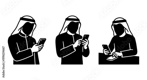 Arab man silhouette vector set, middle eastern male using smartphone icons, black and white saudi businessman with mobile phone graphics