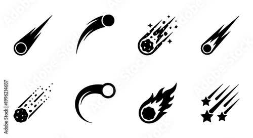 Meteor and comet icon set, black celestial asteroid vector collection, falling shooting star silhouettes for astronomy and space design