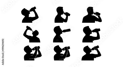 Drinking water silhouette icons, set of 9 man drinking from bottle vector illustrations, person hydrating profile views for fitness and health