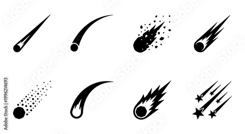 Meteor and comet icon set, black celestial falling star silhouettes, 8 vector astronomical elements for space science and astrology design