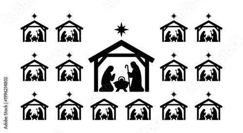 Christmas Nativity Scene Silhouette Set, 15 Holy Family Icons in Stable with Bethlehem Star, Black Religious Vector Graphics for Holiday Cards