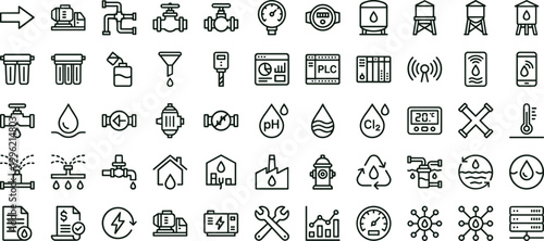 Water treatment pipeline monitoring outline icon set featuring valve sensor filtration control infrastructure vector collection for dashboards interfaces utilities engineering systems