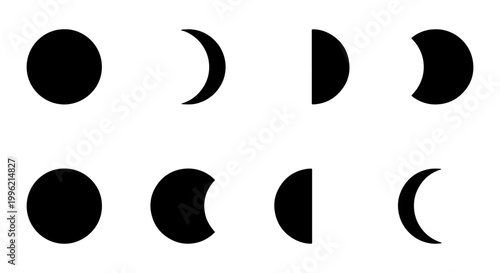 Minimalist moon phases icon set, black lunar cycle silhouettes, celestial astronomy vector elements, 8 moon shape symbols for calendar design