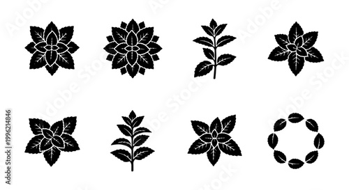 Black mint leaf icons set, 8 herbal peppermint vector elements, organic spearmint foliage silhouettes for tea packaging and culinary branding