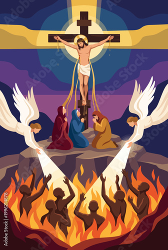 This evocative illustration depicts the crucifixion of Christ surrounded by angels and figures, capturing a dramatic contrast between salvation and suffering.