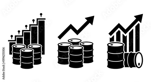 Oil price growth icons set, rising petroleum market value charts, black crude oil barrel and financial arrow vector illustrations