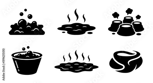Geothermal activity icon set, black silhouette volcanic hot springs and bubbling mud pools, 6 vector elements for nature and geology maps