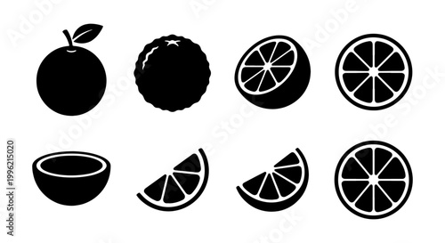 Minimalist orange fruit icon set, black citrus silhouettes in 8 vector elements, fresh orange slices and whole fruit symbols for food packaging