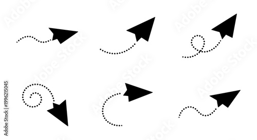 Minimalist black arrow set with dotted lines, 6 curved pointer icons for navigation, simple dashed line arrow vectors for web design and infographics