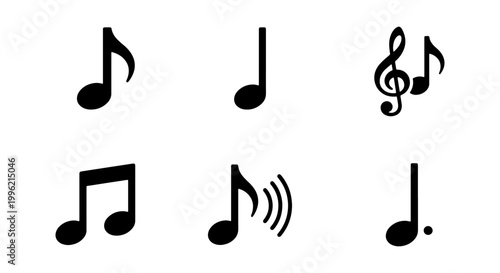 Musical note icon set, black silhouette music symbols collection, minimalist treble clef and eighth notes vector, flat audio notation elements