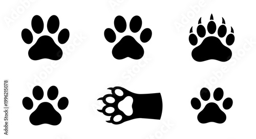 Animal paw print vector set, black silhouette paw icons with claws, 6 wild animal and pet footprint elements for logo design and tracking