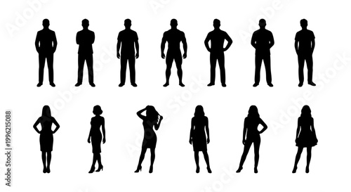 Black silhouette people icons set, 13 male and female standing figures, professional business person character vector, group of men and women shapes