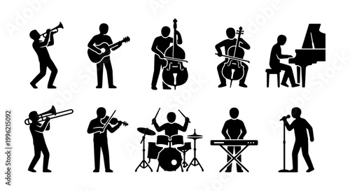 Musical band silhouette icons set, professional musicians playing instruments vector, jazz and classical orchestra performers collection