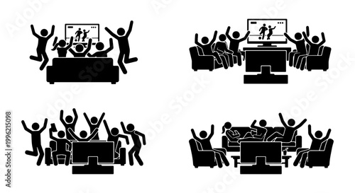 Stick figure sports fans watching TV, excited group of friends cheering on sofa, black silhouette people celebrating goal in living room vector