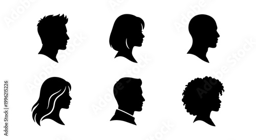 Minimalist profile silhouette set of 6 diverse people, black human head icons in side view, male and female avatar collection for social media and web design