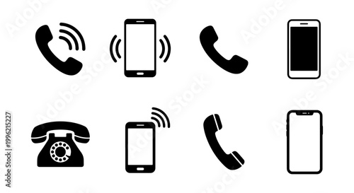 Minimalist phone icon set, black telephone handset and smartphone symbols, 8 communication vector elements for contact us web design