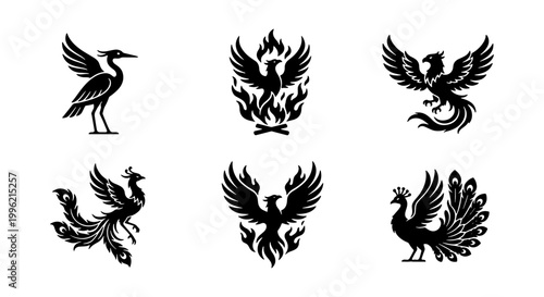 Mythical phoenix and bird silhouette icons, set of 6 black vector illustrations, fire bird and peacock heraldic emblems for logo design