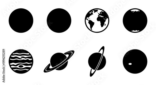 Minimalist solar system planet icons, black silhouette celestial bodies set of 8, flat vector earth and saturn symbols for astronomy and science