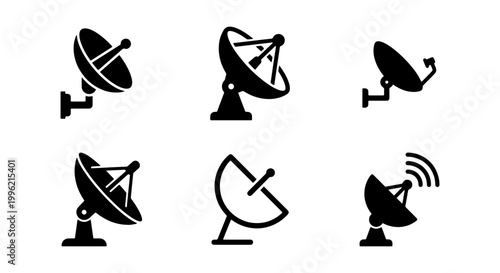 Satellite dish icon set, 6 black vector communication antenna symbols, wireless telecommunication and broadcasting equipment silhouettes