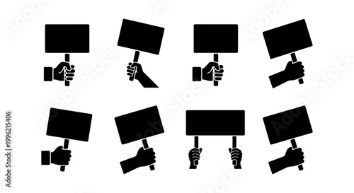 Protest sign silhouette set, hands holding blank placards and banners, 8 black vector icons for demonstration and activism concepts