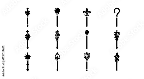 Medieval scepter icons set, 12 royal wand and staff vector silhouettes, fantasy king and queen ceremonial regalia, black heraldic scepter symbols