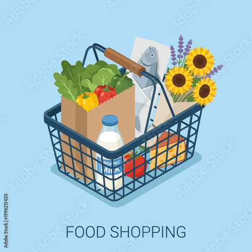 An illustrated shopping basket brimming with groceries, including fresh vegetables, dairy, and fish, promoting the simplicity and joy of food shopping.
