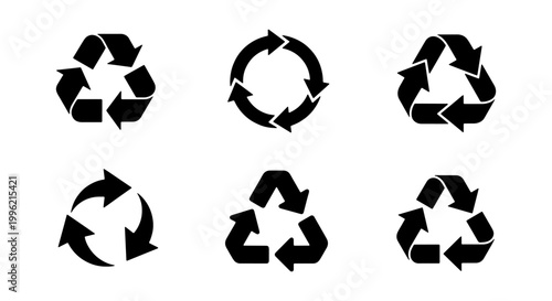 Recycling symbol set with 6 black vector icons, universal recycle signs for waste management, eco friendly circular arrow graphics for packaging