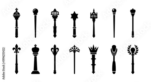 Medieval royal scepter silhouettes collection, 14 monarch authority wand icons, king and queen ceremonial staff vector set, imperial power symbols