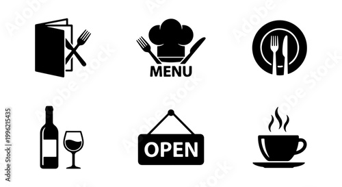 Restaurant icon set with black minimalist symbols, 6 food and drink vector elements, cafe menu and dining signage for catering business