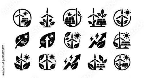Renewable energy icon set with 15 black vector symbols, sustainable green power elements, solar panels and wind turbine icons for eco-friendly design