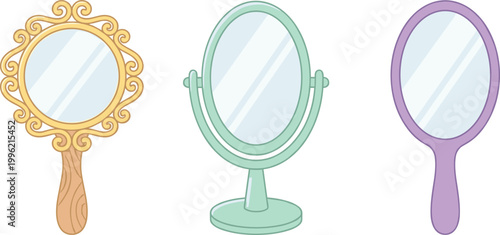 Quadro su tela Vector illustration of three different cosmetic mirrors with decorative frames including an ornate hand mirror tabletop vanity mirror and simple oval handle mirror in flat cartoon style