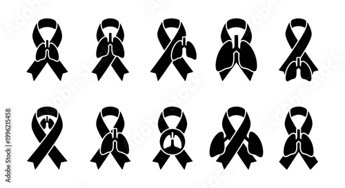 Lung cancer awareness ribbon icons, 10 black medical lung health symbols, respiratory disease support ribbons, white ribbon awareness vector set