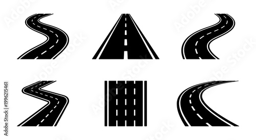 Road icons set with winding asphalt paths, curved highway perspective symbols, 6 black street vector elements for maps and navigation design