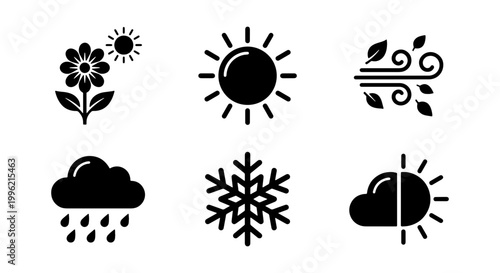 Minimalist weather icons set, black silhouette meteorology symbols, 6 vector elements for seasonal forecast apps and climate reporting