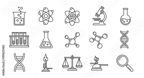 Collection of hand drawn science icons and symbols.