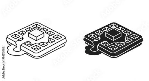 Isometric waffle icons with butter and syrup, breakfast food vector set in line art and solid black styles, Belgian waffle dessert illustrations