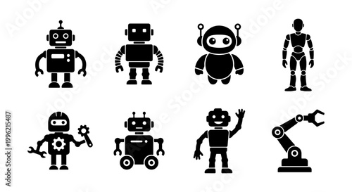 Futuristic robot icons set, black silhouette android characters and mechanical arm vector, 8 robotic technology symbols for web and app design